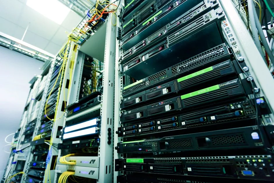 Ilustrasi server di data center yang menunjukkan infrastruktur jaringan dan virtualisasi.